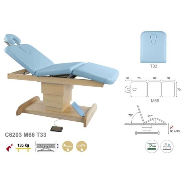 TABLE DE SOINS ELECTRIQUE 3 PLANS A PIETEMENT CENTRAL - H 60 à 90cm - Larg 80cm - Long 227cm