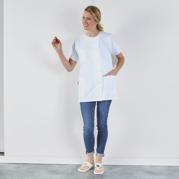TUNIQUE BLANCHE COL ROND Taille 40/42 - 5 BOUTONS PRESSIONS 3 POCHES MANCHES KIMONO - Sergé Poly Coton 65/35