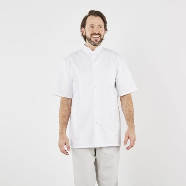 TUNIQUE HOMME BLANCHE COL MAO - Taille 44/46 - 3 POCHES MANCHES COURTE - Sergé Polyester Coton