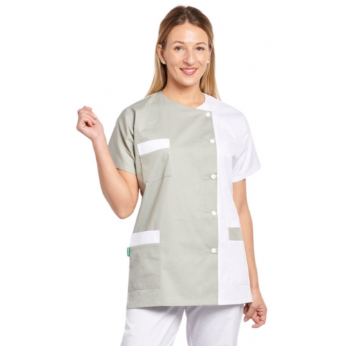 TUNIQUE GRISE & BLANCHE T44/46 COL ROND MANCHES KIMONO - FERMETURE PRESSIONS - Image 2