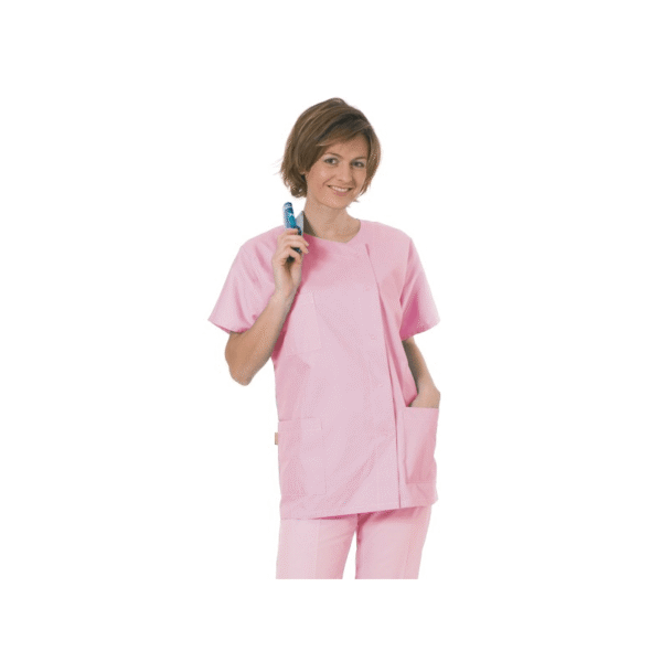 TUNIQUE RAS-DE-COU ROSE T34 MANCHES FORME KIMONO - 3 POCHES - FERMETURE PRESSIONS