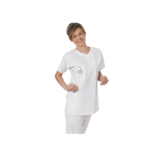 TUNIQUE BLANCHE COL ROND T36 - 3 POCHES 5 BOUTONS PRESSIONS MANCHES KIMONO - Piqué Poly Coton 65/35